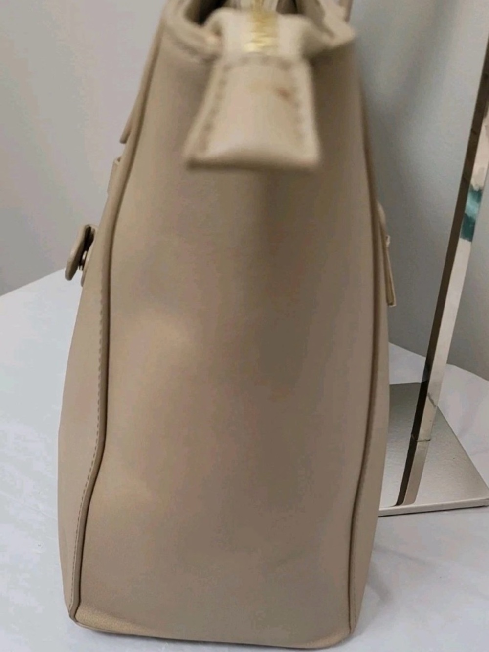 Grateful Taupe Tote Bag Faux Leather Front Zip Pocket Large - Picture 5 of 16